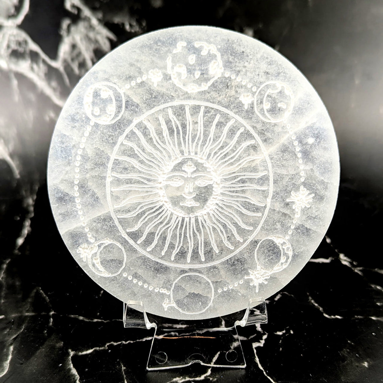 4-inch selenite round plate with sun and moon etching #BC0647