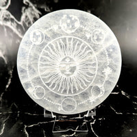 4-inch selenite round plate with sun and moon etching #BC0647