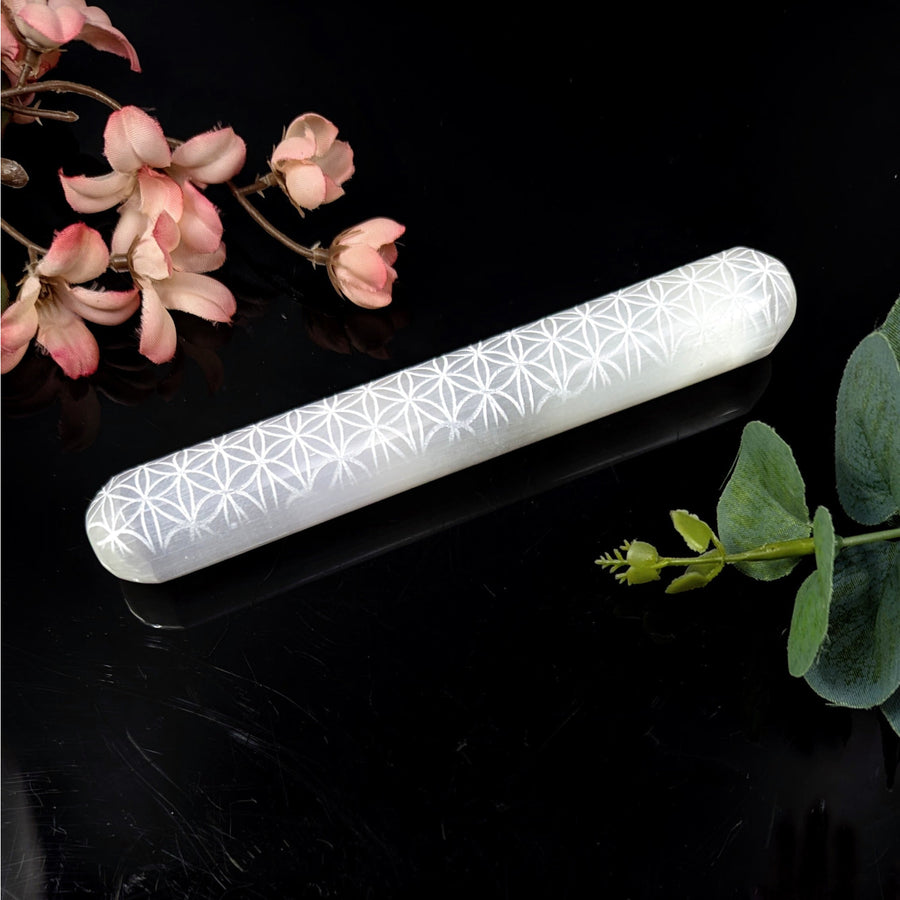 White cylindrical Selenite wand with Flower of Life etching for healing and meditation