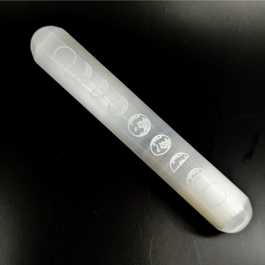 Translucent white Selenite rounded wand with etched moon phase designs, 6 inches long