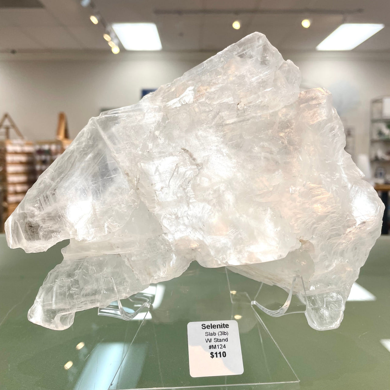 Clear selenite slab mineral specimen on stand from Utah ideal for decor and healing energy