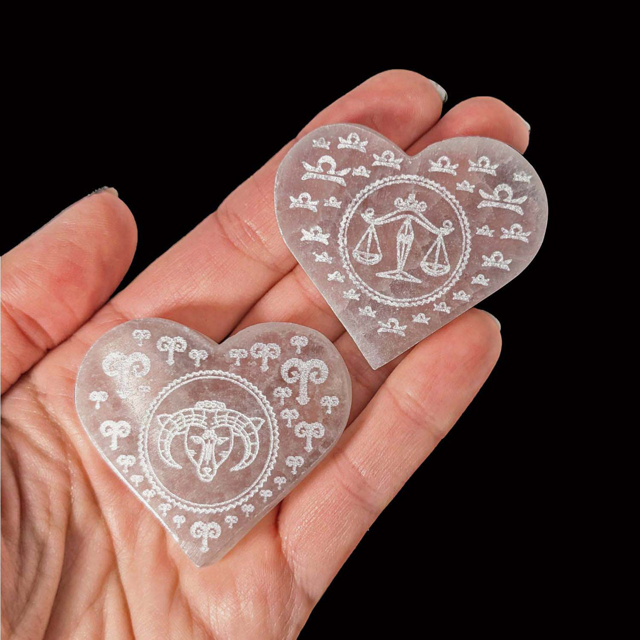 Selenite Zodiac 1.8" Etched Heart #LV4139