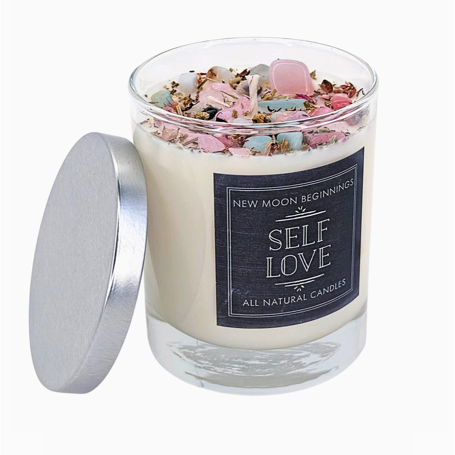 Self Love soy crystal candle in glass jar with pink blue fragments and petals
