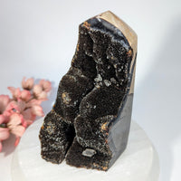 Striking black and tan Septarian geode tower, 4.5-5.5 inches, crystalline interior #BC0254