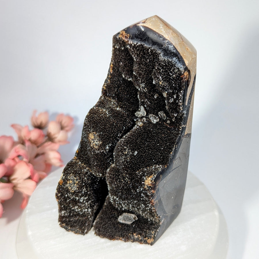 Striking black and tan Septarian geode tower, 4.5-5.5 inches, crystalline interior #BC0254