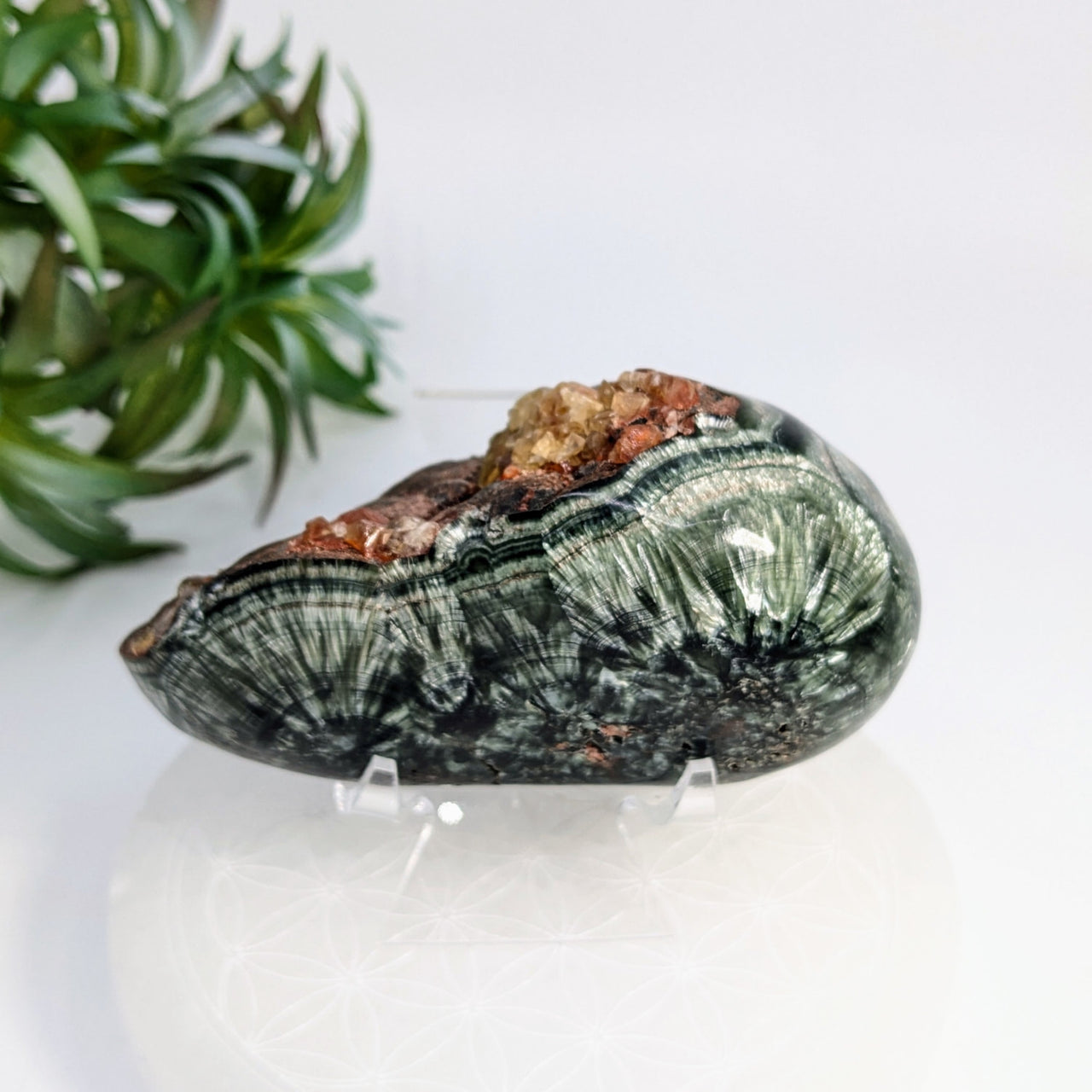 Polished Seraphinite with green and silver stone and rare Calcite specimen for bliss crystals