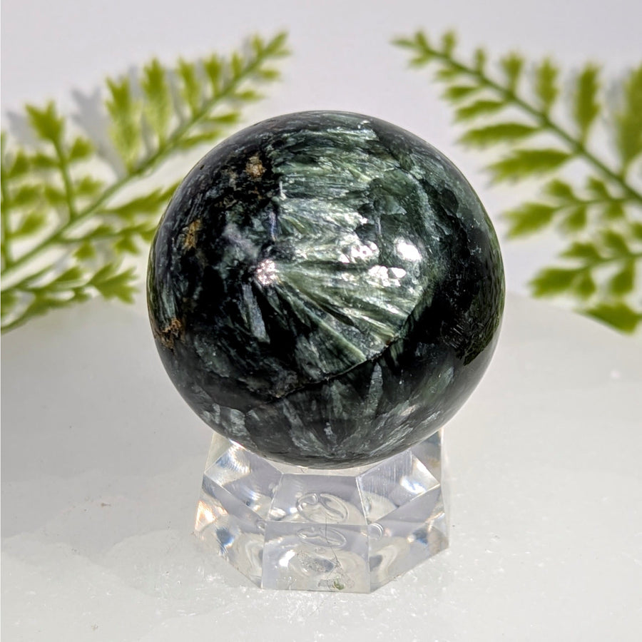 Polished seraphinite AA 1.7 inch sphere BC0911 on clear stand