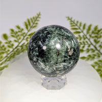 Seraphinite AA 2.3 inch polished green black fibrous sphere on crystal stand #BC0907