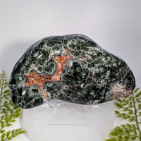 Polished green copper jasper Seraphinite AA 6in w/fluorescent calcite #BC0901