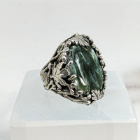 Thumbnail for Green tourmaline stone ring with leaf design, Seraphinite Jumbo S.S. Leaf Ring Sz. 6 #LV1727