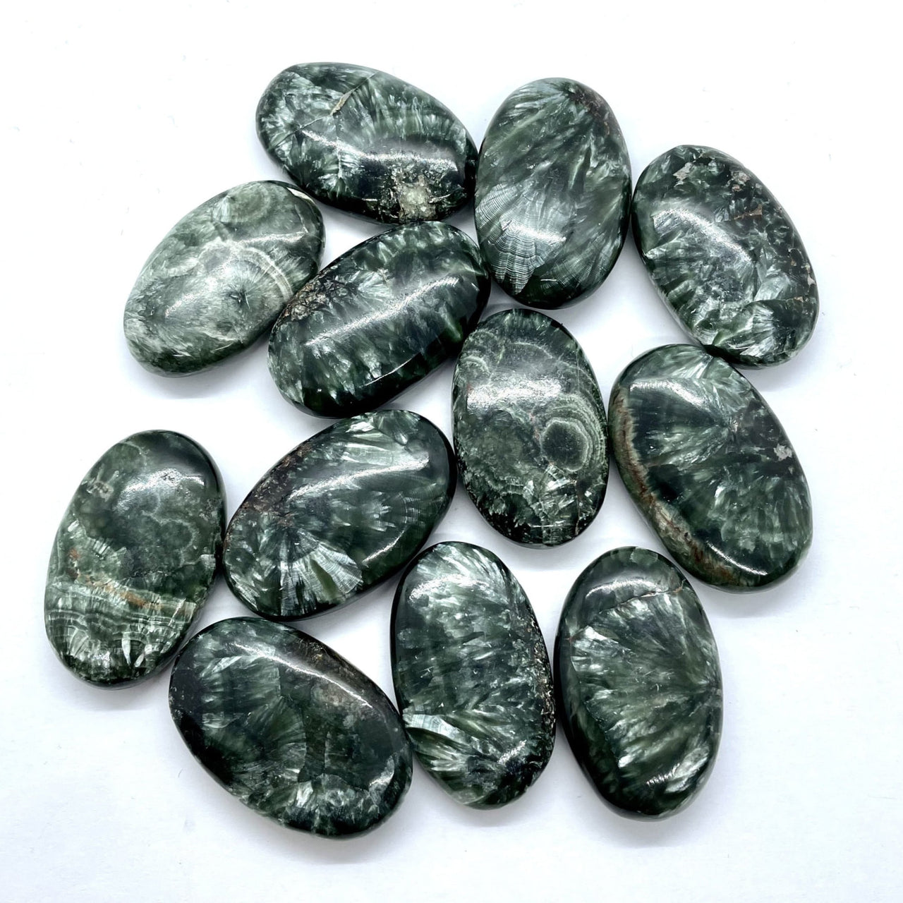 Polished Seraphinite palmstone Grade A oval green silver streaks #BC0178