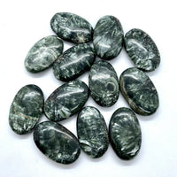 Polished Seraphinite palmstone Grade A oval green silver streaks #BC0178