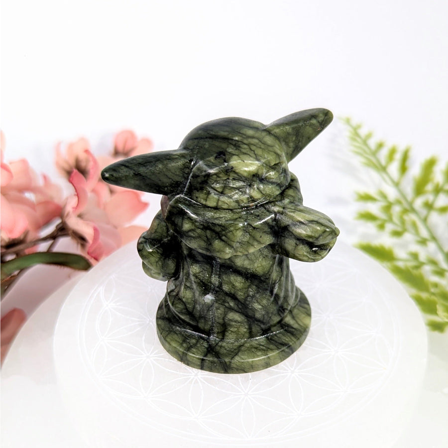 Polished green serpentine 2.25’’ Baby Yoda Grogu carving #BC0775