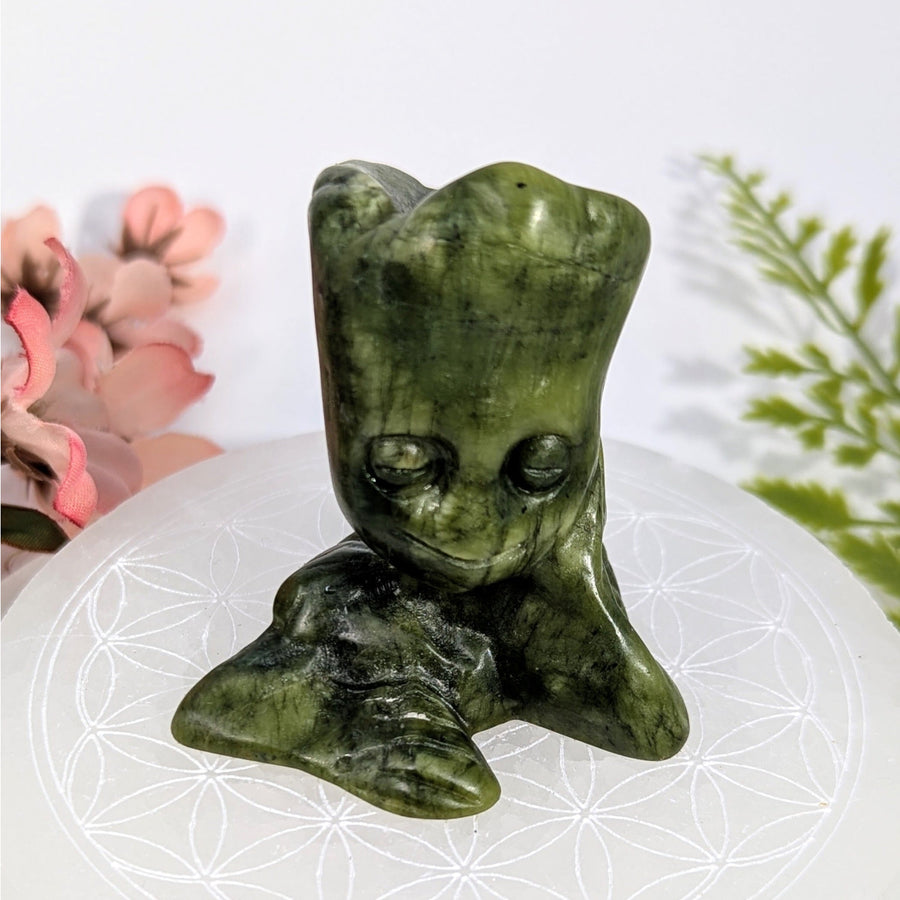 Smooth dark green jade Serpentine 2.25’’ Groot carving #BC0776 seated figure