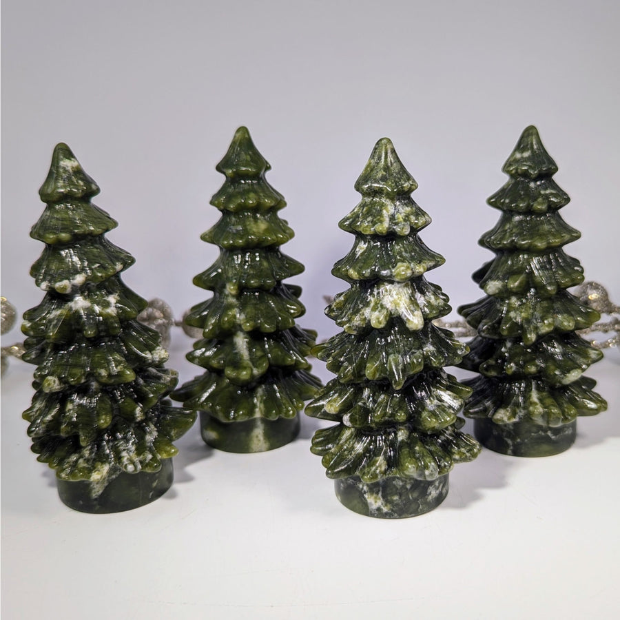Serpentine 3.6’’ Green Jade Christmas Tree Ornament #BC0104 with Snow Details
