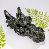 Serpentine 5.5’’ polished dark green black dragon head carving #BC1010