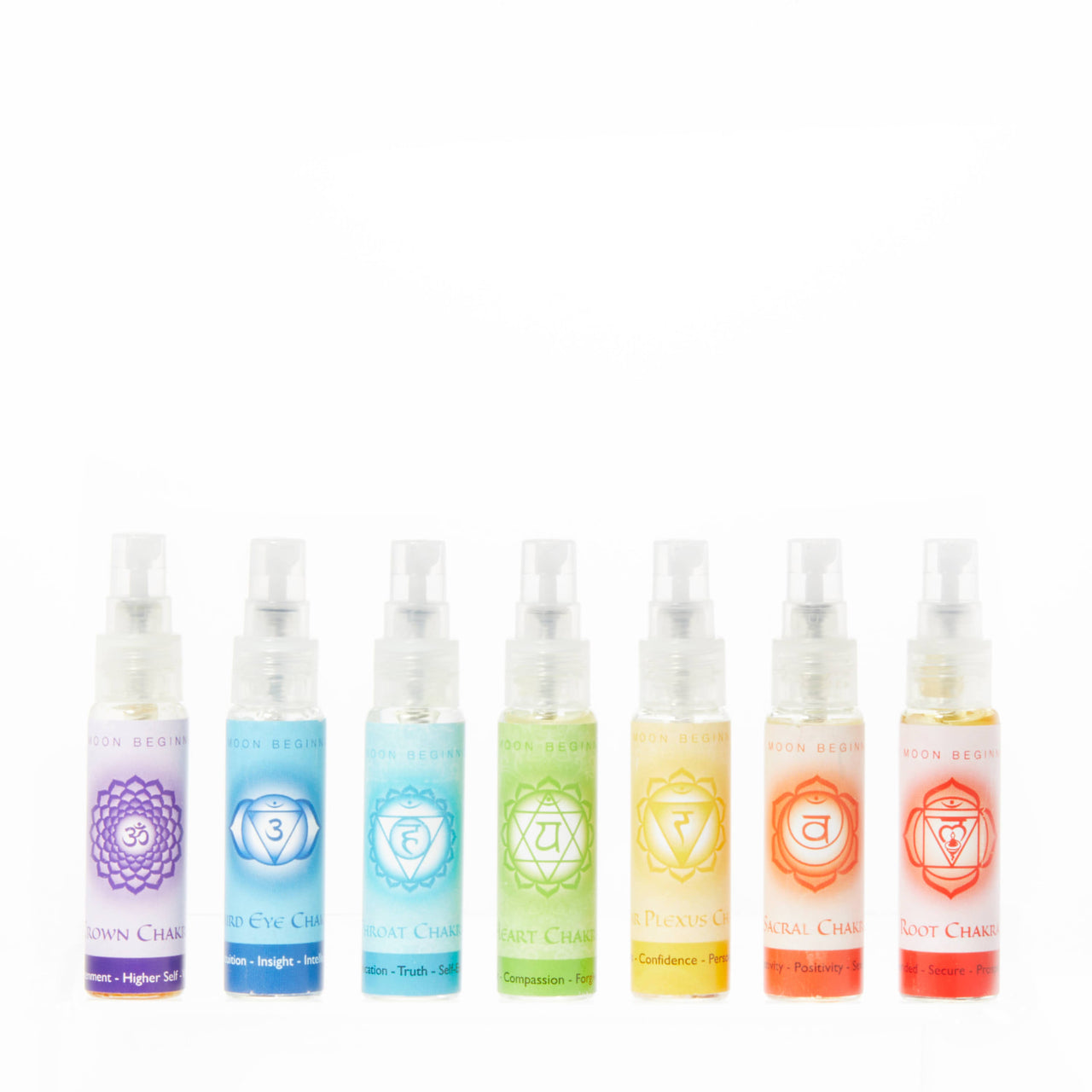 Seven Chakra Spray Set 10ml with colorful bottles and chakra symbols in rainbow order