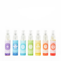 Thumbnail for Seven Chakra Spray Set 10ml with colorful bottles and chakra symbols in rainbow order