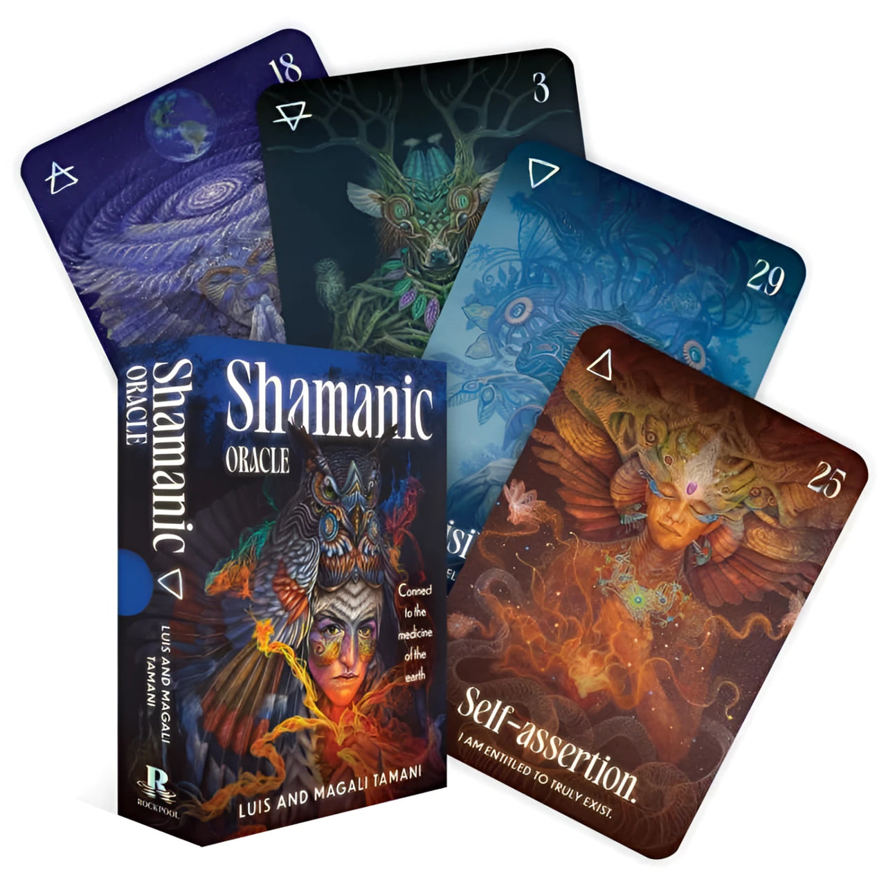 Shamanic oracle deck featuring glossy cards with intricate colorful artwork of mystical figures and celestial crystals