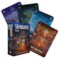 Shamanic oracle deck featuring glossy cards with intricate colorful artwork of mystical figures and celestial crystals