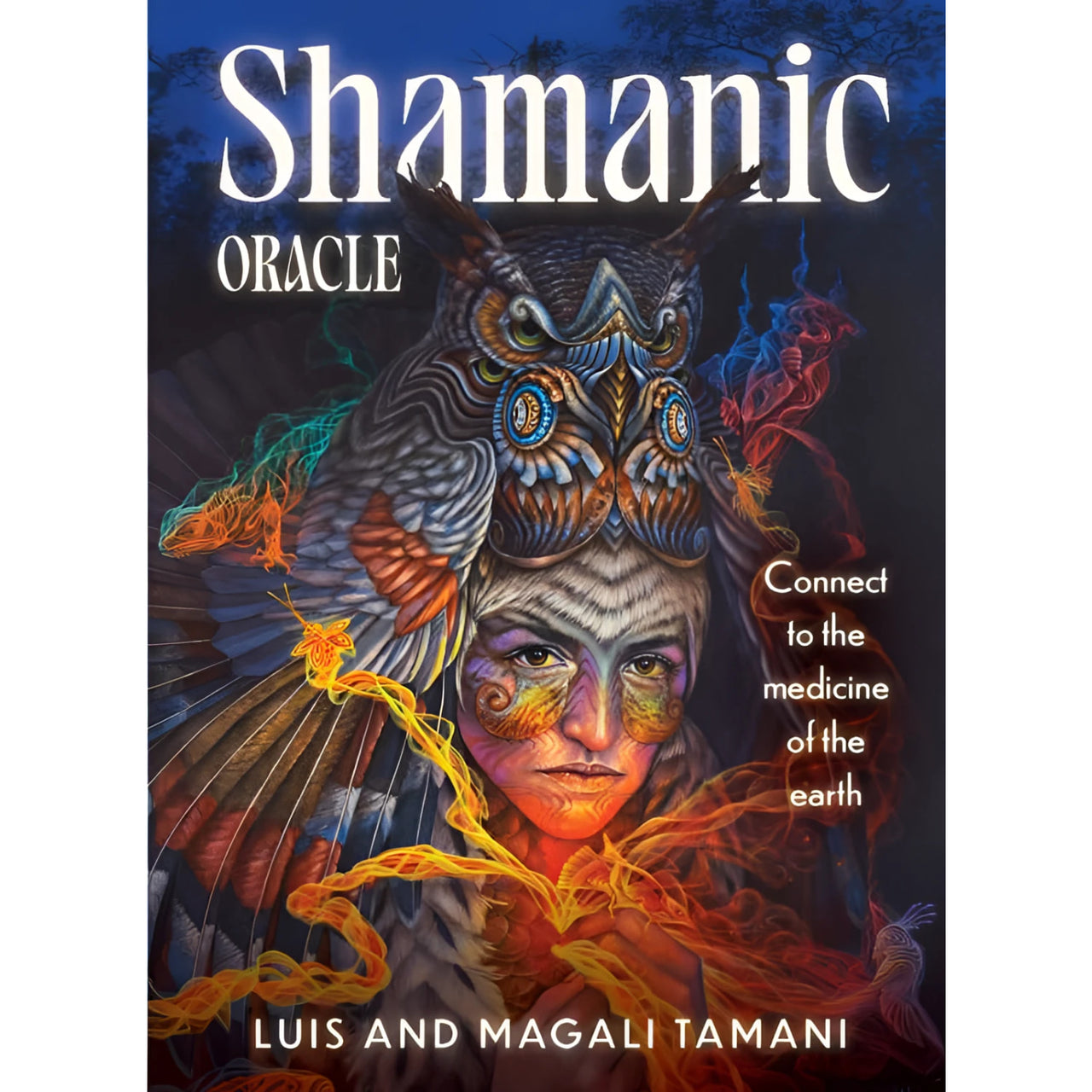 Shamanic oracle deck book cover featuring a woman with colorful face paint and an ornate owl mask in blues and golds with crystals