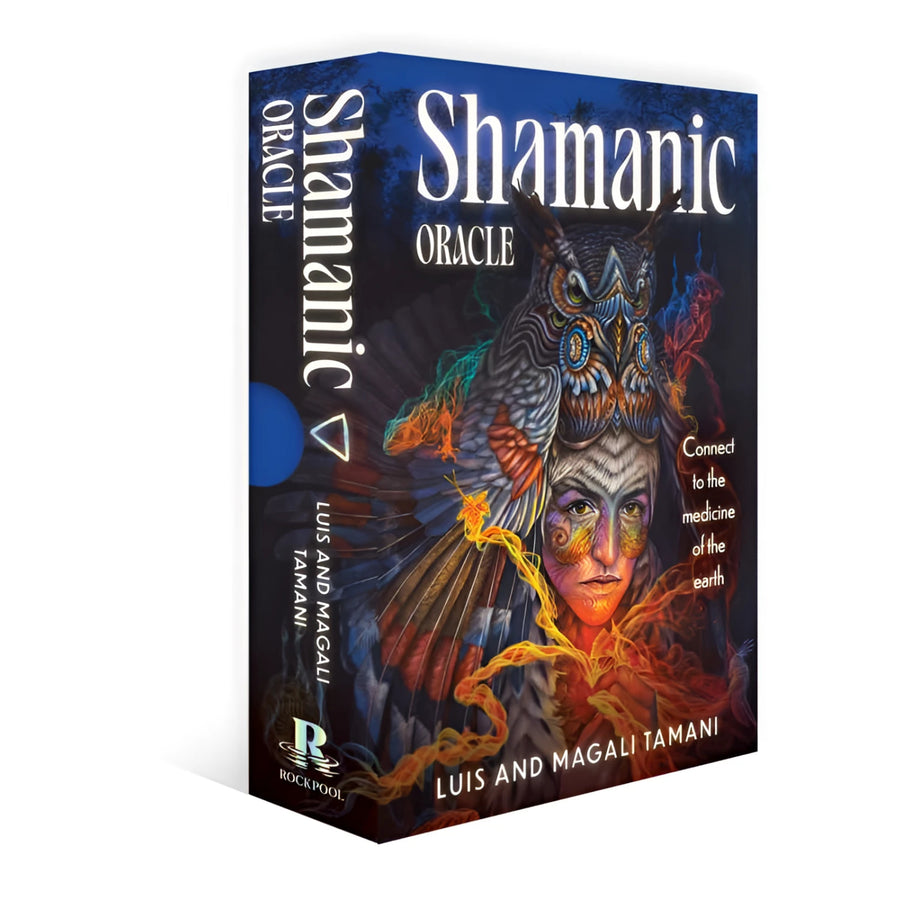 Shamanic oracle deck featuring a vibrant mystical woman with owl and crystals on dark blue background for jewelry use