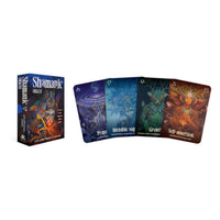 Shamanic oracle deck with vibrant mystical artwork and blue box featuring an illustrated shaman for crystals and gemstones guidance