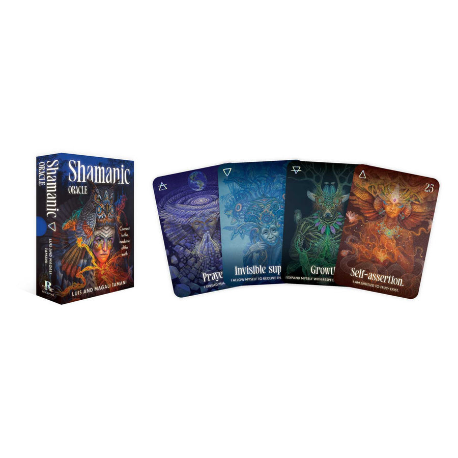 Shamanic oracle deck with vibrant mystical artwork and blue box featuring an illustrated shaman for crystals and gemstones guidance