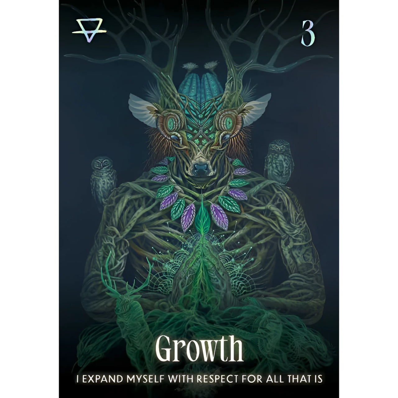 A mystical tree-rooted creature with glowing green and teal features wearing a leafy necklace in shamanic oracle deck jewelry design