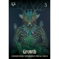 A mystical tree-rooted creature with glowing green and teal features wearing a leafy necklace in shamanic oracle deck jewelry design