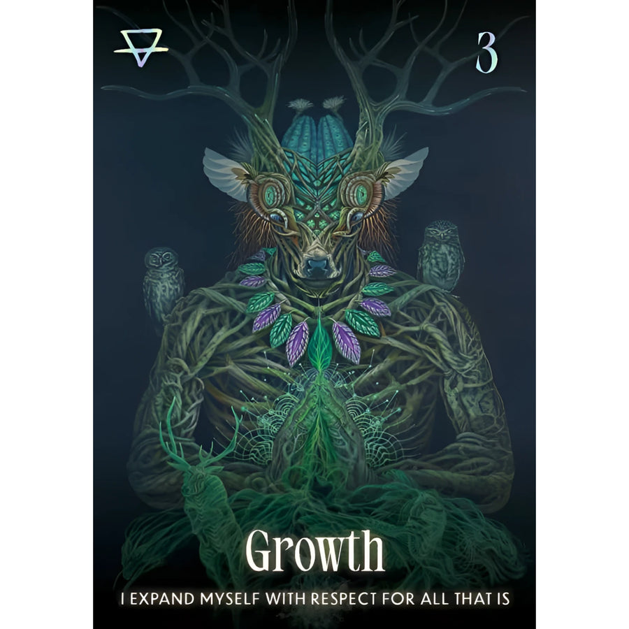 A mystical tree-rooted creature with glowing green and teal features wearing a leafy necklace in shamanic oracle deck jewelry design