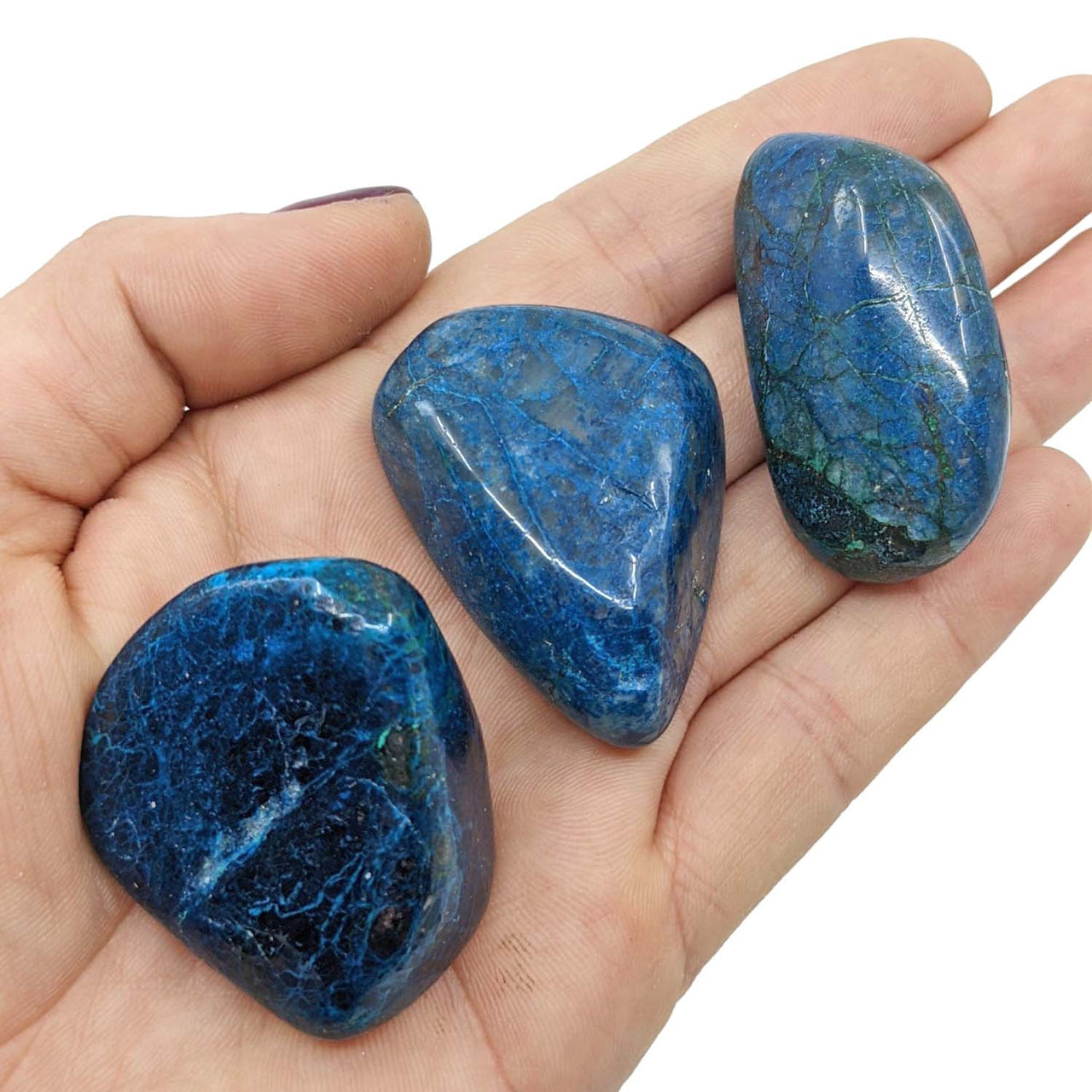 Person holding three Shattukite Tumbled Grade A stones in hand, Size XL