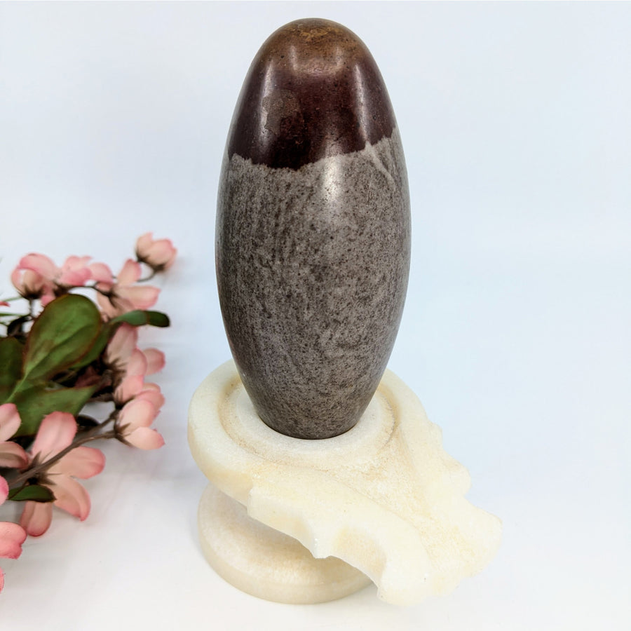 Elongated Stone Yoni Holder with Dark Brown Top for Shiva Lingam 6’’ Display