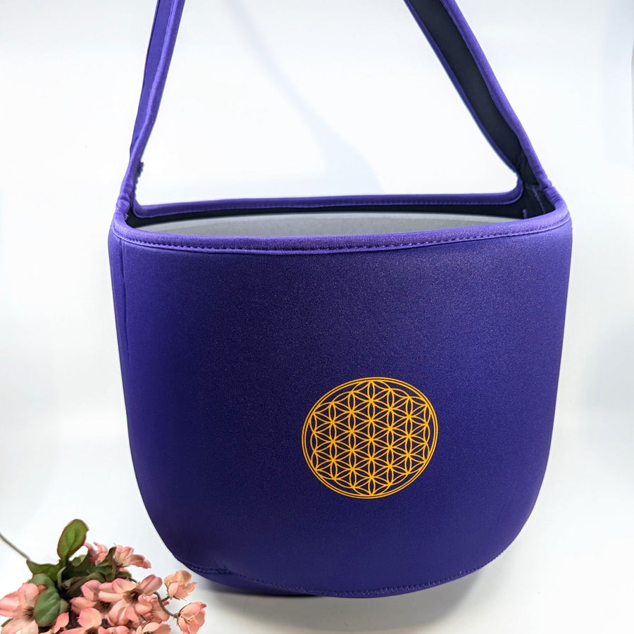 Purple neoprene shoulder bag with gold Flower of Life for 11’’ crystal singing bowl