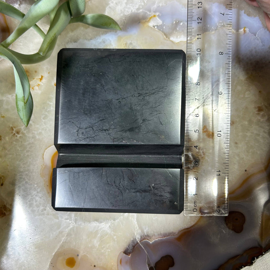 Black Shungite Cellphone Holder with Ruler for Desktop and Travel Use