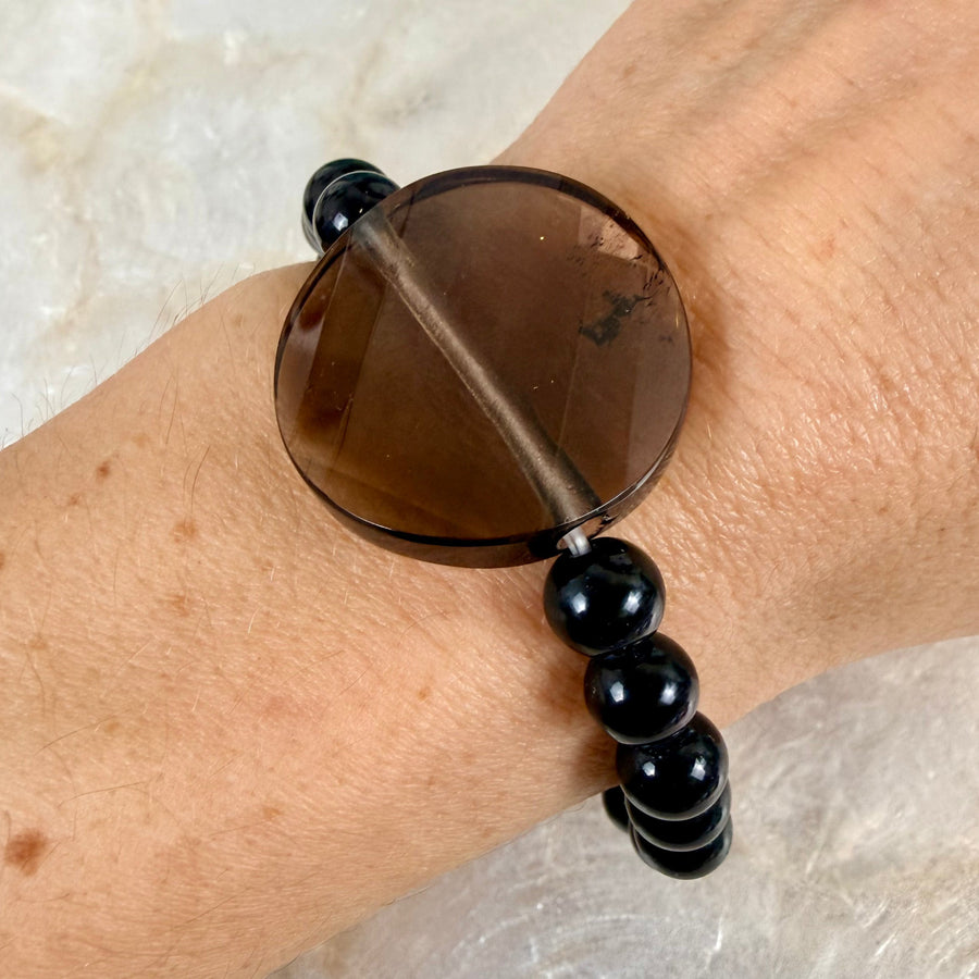 Sleek shungite smoky quartz faceted coin bead bracelet BC0431