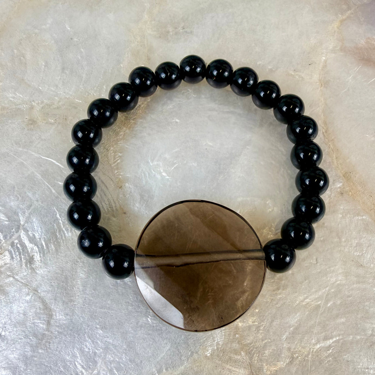 Black beaded Shungite smoky quartz faceted coin bracelet BC0431