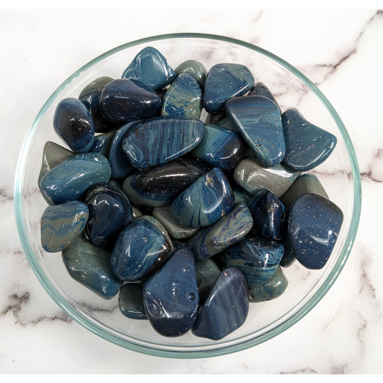 Sieber Agate .80 - 1’ Tumbled Stone #LV1631: Blue and green marble bowl display