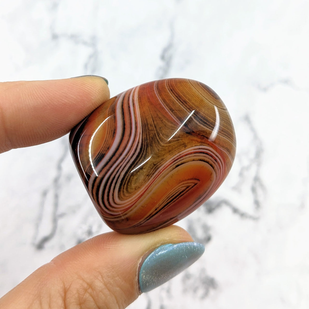 Hand holding Silk Agate 1.6 - 2.2’ red and brown striped pebble stone #LV1573