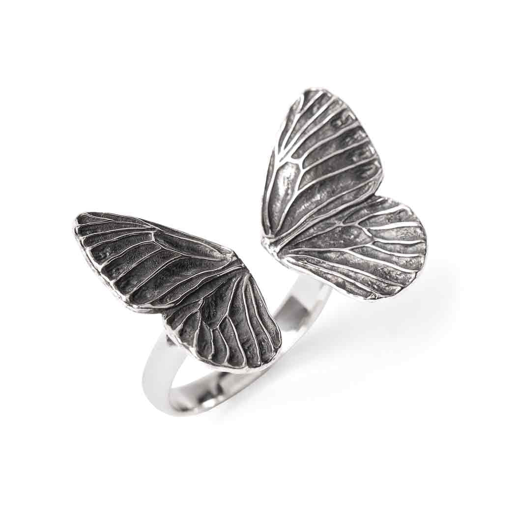 Silver adjustable dimensional butterfly wings ring LV9567 with intricate textured detailing