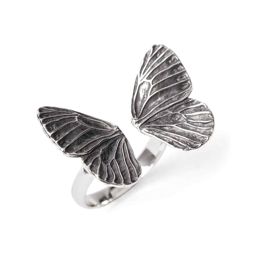 Silver adjustable dimensional butterfly wings ring LV9567 with intricate textured detailing