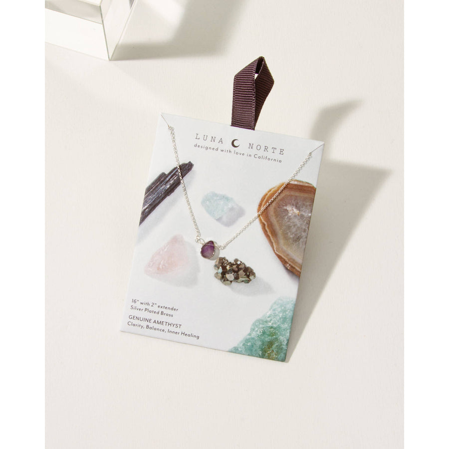 Silver Delicate Gemstone Necklace- Amethyst #LV9106 - $24