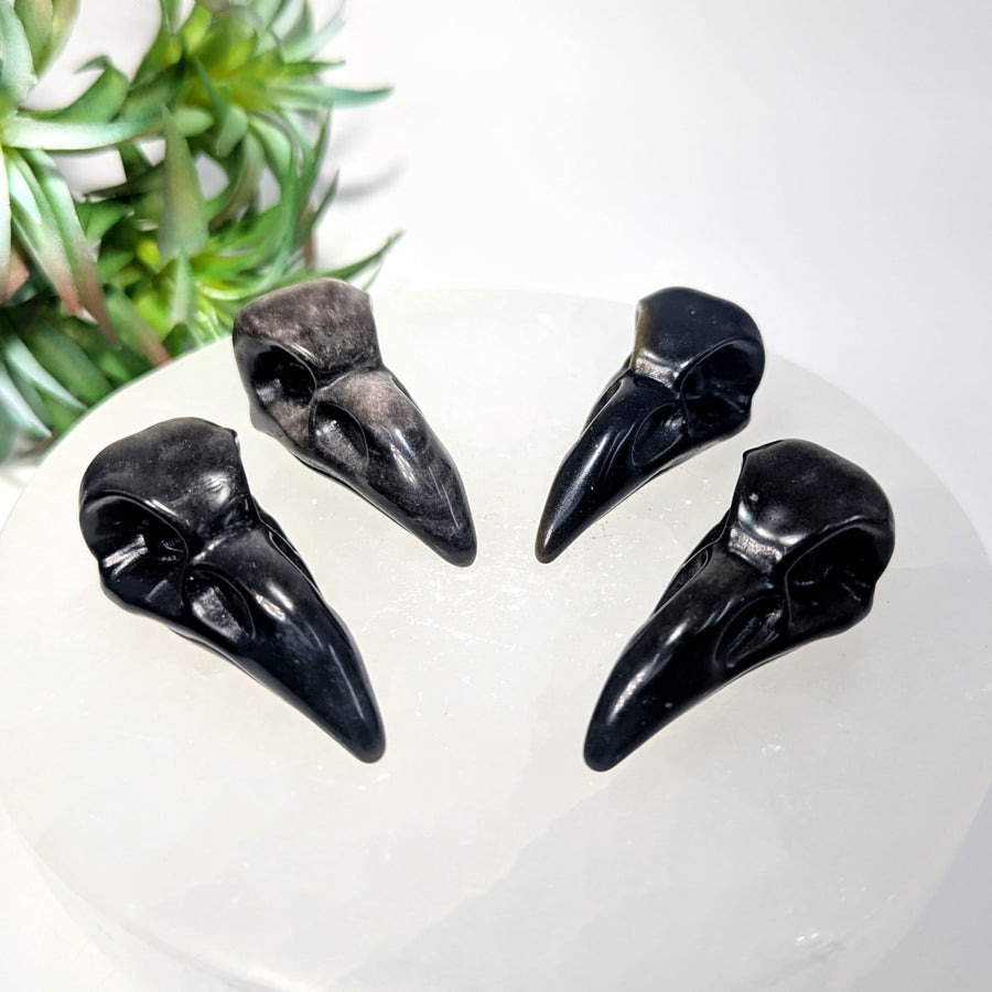 Silver or Goldsheen Obsidian 1.9’’ Raven Skull Carving