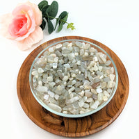 Thumbnail for A bowl of Silver Moonstone Gravel Mini Chips on a wooden plate