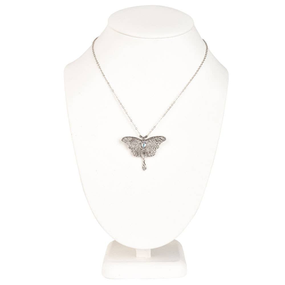 Silver moth necklace #BC0454 with filigree butterfly and blue gem