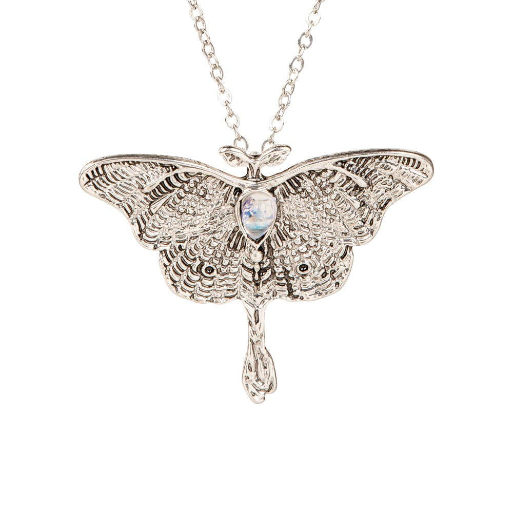 Silver moth pendant necklace with rainbow moonstone and intricate wings #BC0454