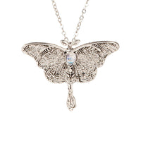Silver moth pendant necklace with rainbow moonstone and intricate wings #BC0454