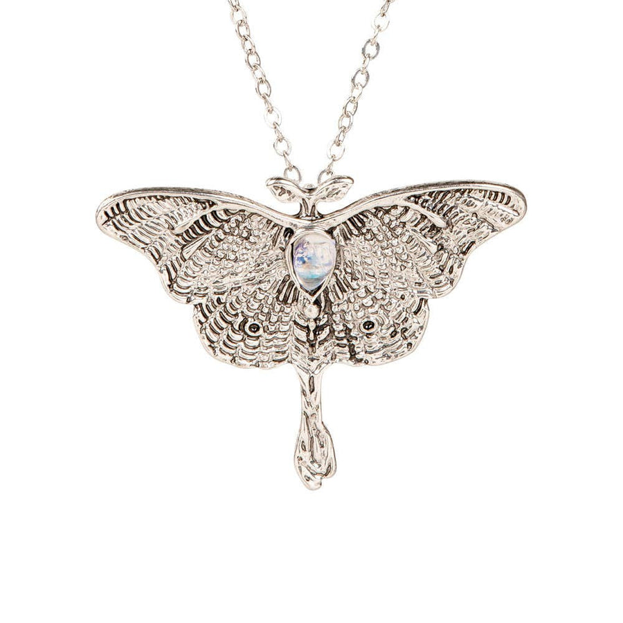 Silver moth pendant necklace with rainbow moonstone and intricate wings #BC0454
