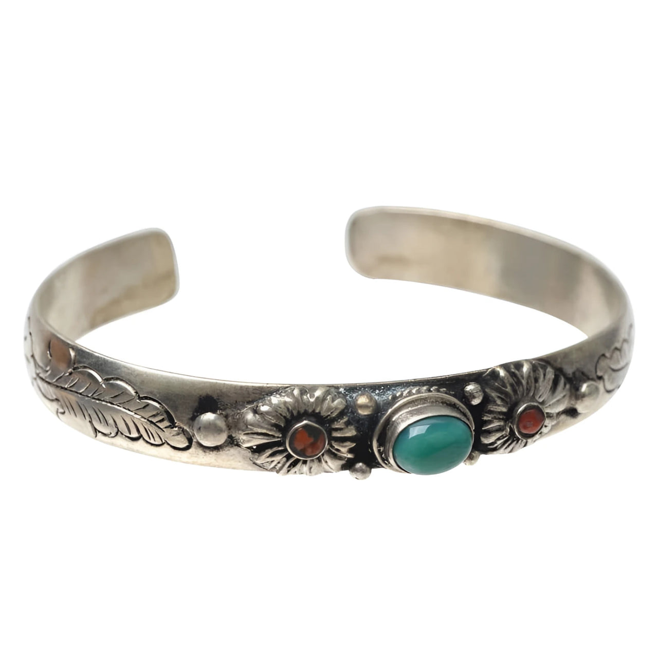 Silver Turquoise Flower Cuff Bracelet #BC0455 with floral engravings