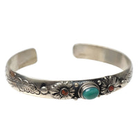 Silver Turquoise Flower Cuff Bracelet #BC0455 with floral engravings